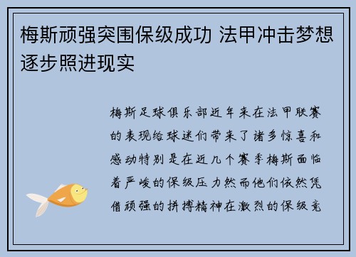 梅斯顽强突围保级成功 法甲冲击梦想逐步照进现实