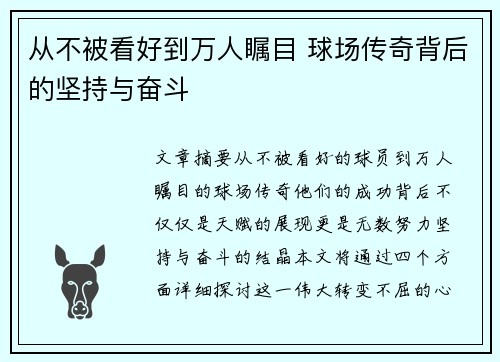 从不被看好到万人瞩目 球场传奇背后的坚持与奋斗