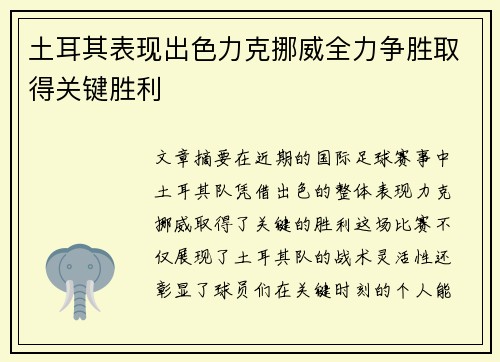 土耳其表现出色力克挪威全力争胜取得关键胜利