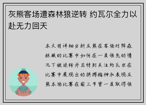 灰熊客场遭森林狼逆转 约瓦尔全力以赴无力回天